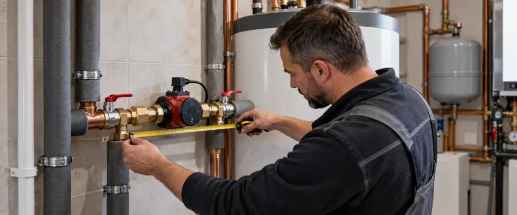 Instalator mierzący pompę cyrkulacyjną CWU przy zasobniku