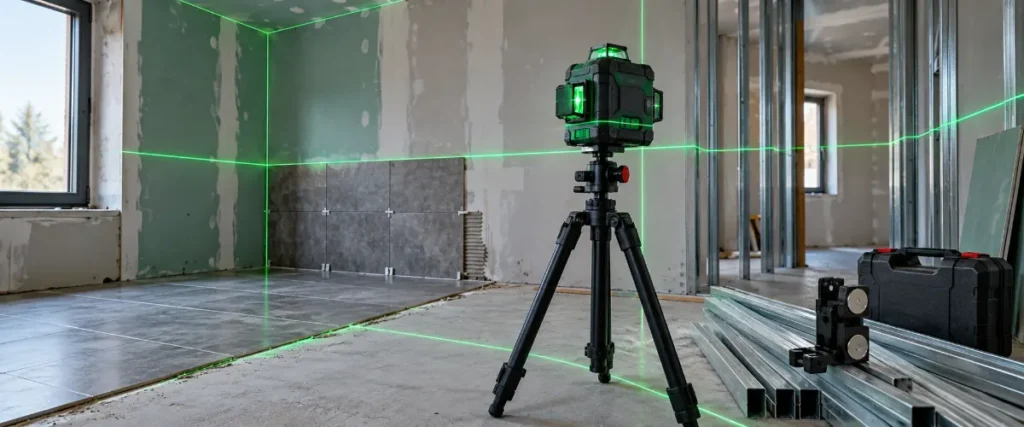 Zielone płaszczyzny lasera 3×360° w remontowanym wnętrzu