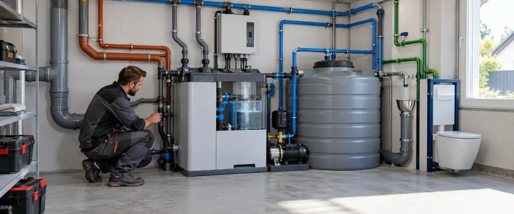 Instalator kontrolujący domowy system odzysku wody szarej