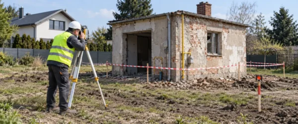 Geodeta mierzący odległość budynku od granicy przed rozbiórką