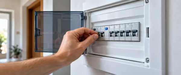Dłoń przy dźwigni różnicówki w zamkniętej domowej rozdzielnicy