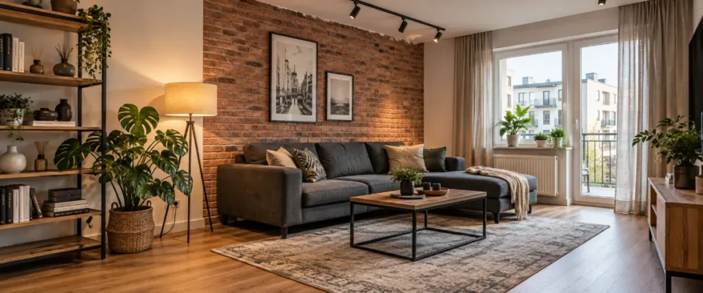 Jasny salon soft loft z cegłą, drewnem i grafitową sofą