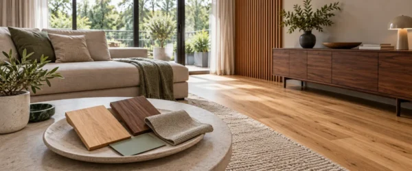 Salon z dębową podłogą, lamelami i próbkami materiałów