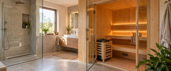 Kompaktowa sauna fińska z piecem elektrycznym obok domowej łazienki