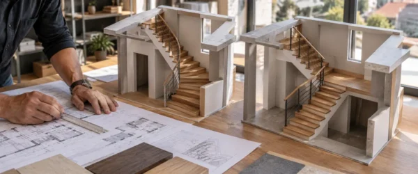 Modele schodów zabiegowych i schodów ze spocznikiem na stole projektanta