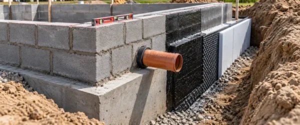 Ściana fundamentowa z bloczków z izolacją i przepustem