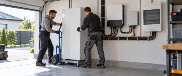 Instalatorzy ustawiają magazyn energii obok falownika i rozdzielnicy