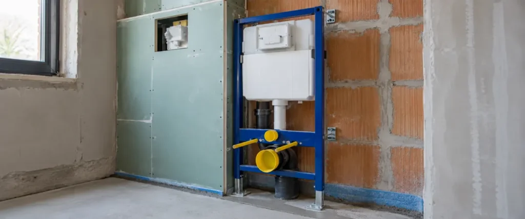 Stelaż WC z widoczną ramą, odpływem i otworem serwisowym