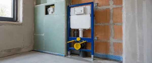 Stelaż WC z widoczną ramą, odpływem i otworem serwisowym