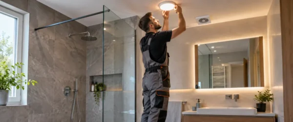 Elektryk sprawdzający szczelną oprawę przy prysznicu ze szklaną ścianką