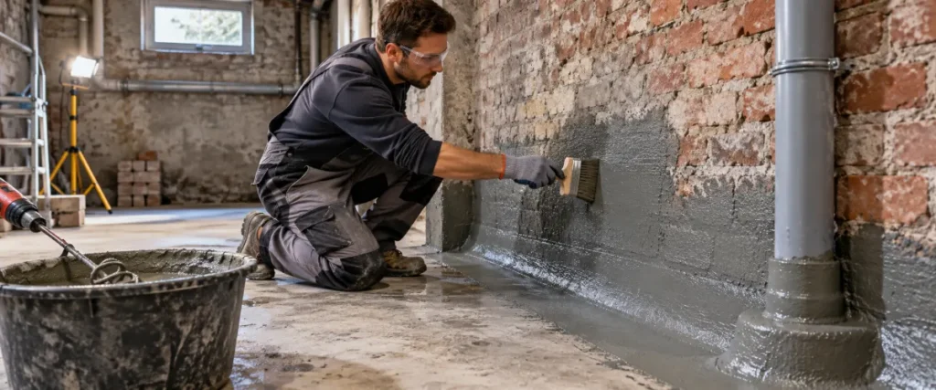 Nakładanie szlamu mineralnego na mur piwnicy z fasetą przy posadzce