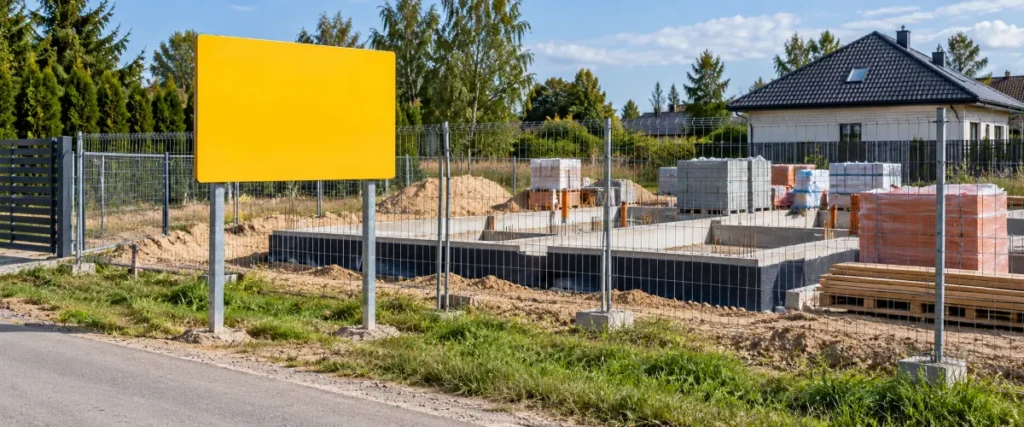 Żółta tablica informacyjna przy wjeździe na budowę domu