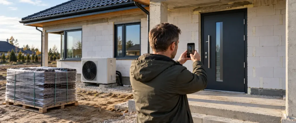 Zamknięty dom w budowie z zabezpieczonymi materiałami i pompą ciepła