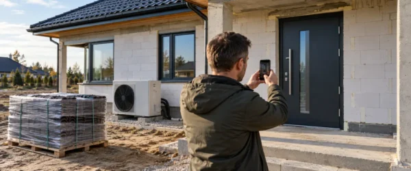 Zamknięty dom w budowie z zabezpieczonymi materiałami i pompą ciepła