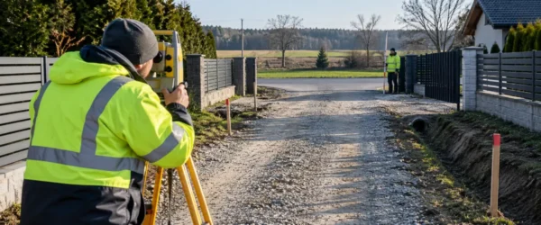 Geodeta mierzący szerokość prywatnej drogi przy przewężeniu