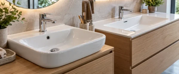 Ceramiczna misa i dolomitowa umywalka z cienkim rantem