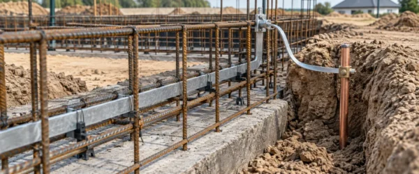 Płaskownik w zbrojeniu fundamentu i elektroda pionowa w gruncie