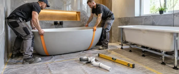 Montaż ciężkiej wanny mineralnej obok wanny akrylowej na stelażu