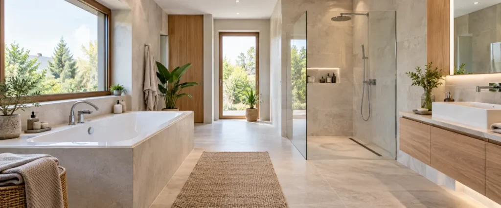 Przestronna łazienka z osobną wanną i prysznicem walk-in