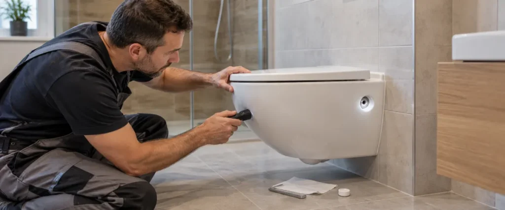 Instalator sprawdza boczne mocowanie podwieszanej miski WC