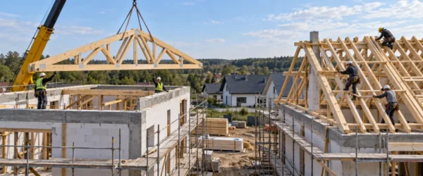Montaż wiązarów kratowych i tradycyjnej więźby na budowie