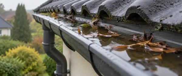 Woda stoi w rynnie po deszczu? Sprawdź spadek, odpływ, haki i rurę spustową. Zobacz, jak znaleźć przyczynę i poprawić odpływ wody.