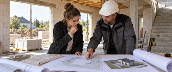 Projektant i kierownik budowy analizują zmianę obrysu domu