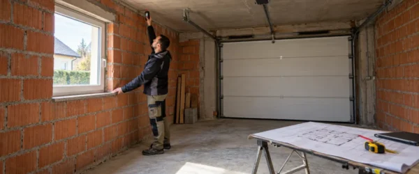 Projektant mierzy garaż przed adaptacją na pomieszczenie mieszkalne